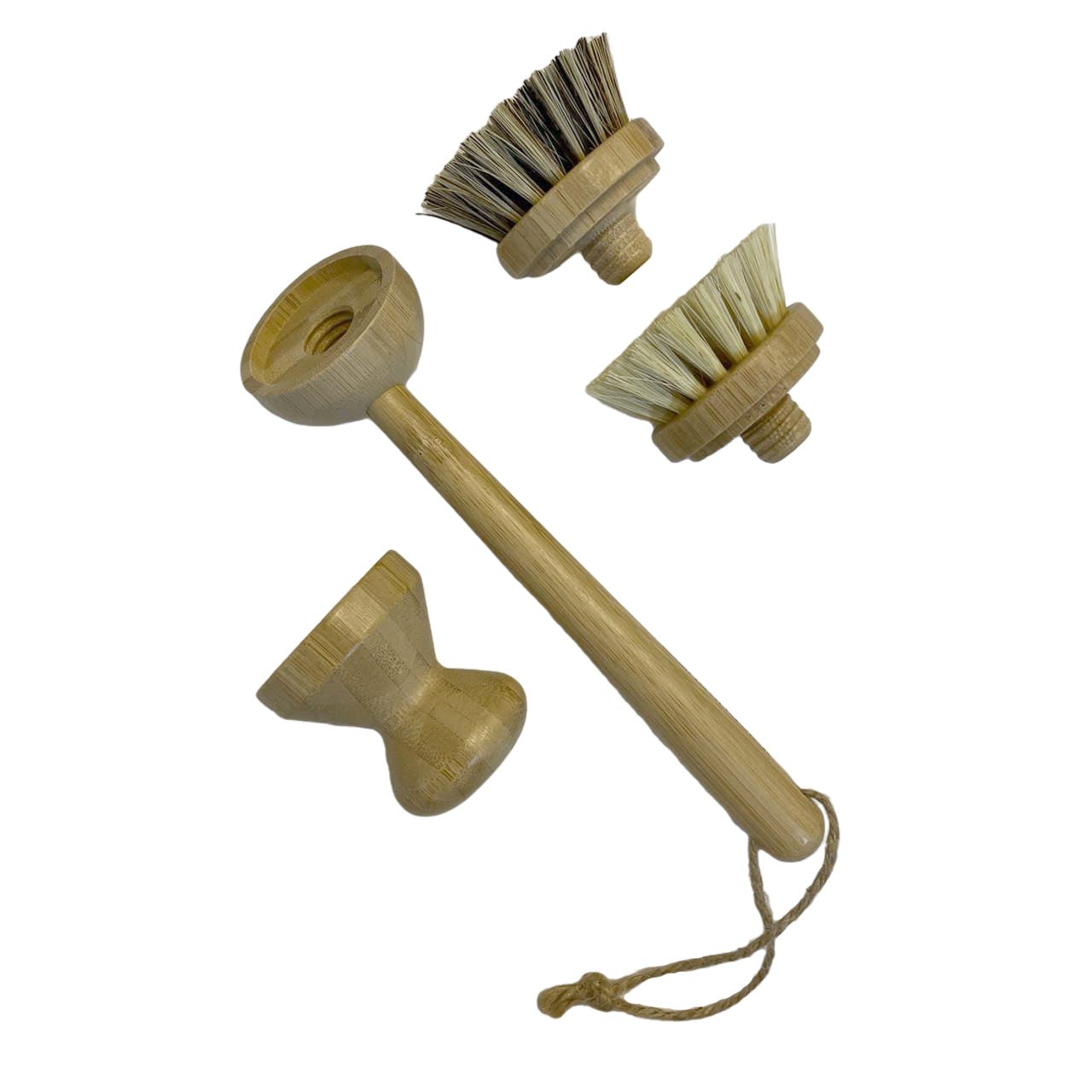 Bamboo Long & Knob Handle Cleaning Brush Set Sisal Palm Fiber Scrubber Interchangeable Detachable Replacement Head - Neuhabitat