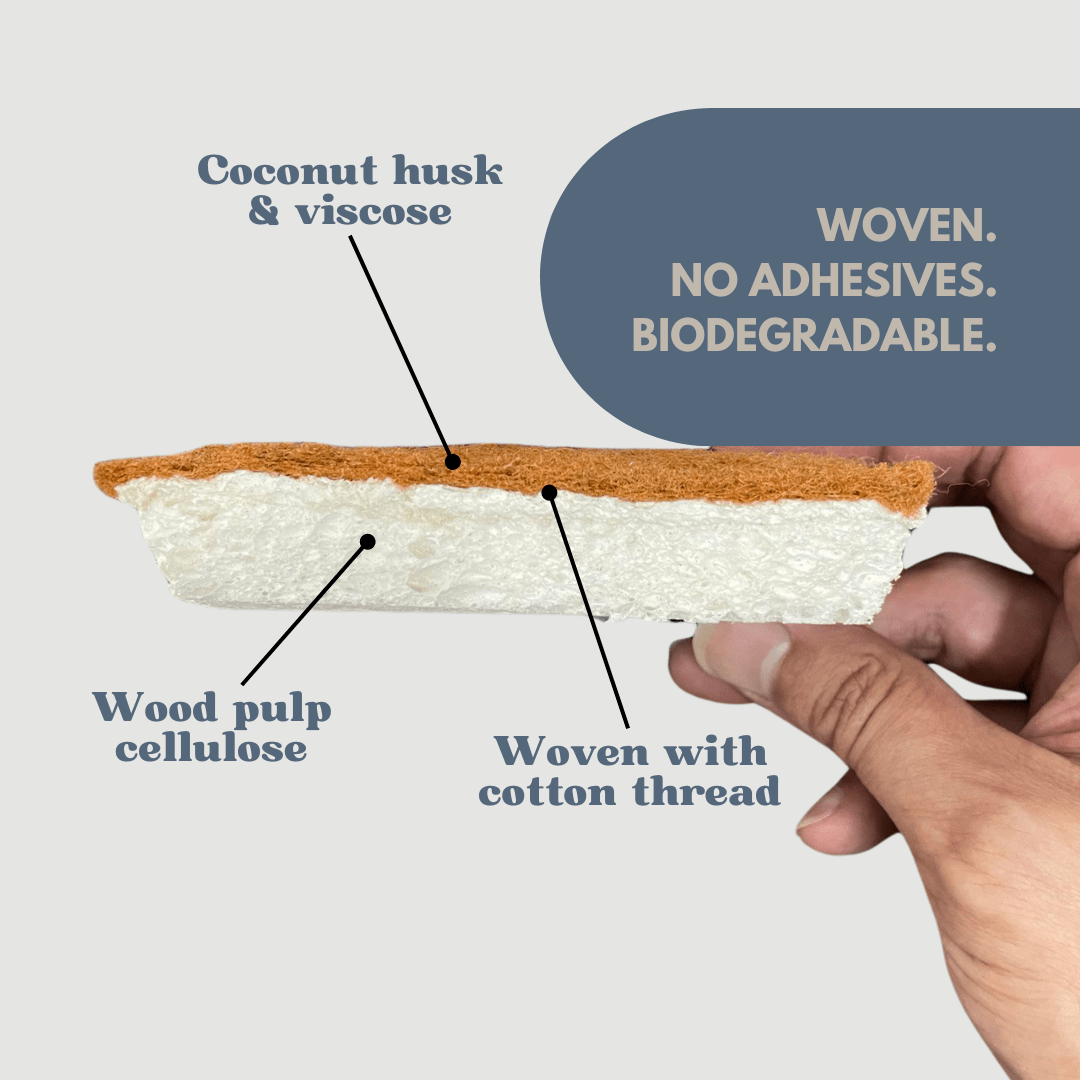 Coir Cellulose Dishwashing Sponge Natural Cotton Stitched Plant - based Eco Friendly Coconut Fiber Scrubber Scouring Pads - Neuhabitat