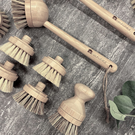 Bamboo Long & Knob Handle Cleaning Brush Set Sisal Palm Fiber Scrubber Interchangeable Detachable Replacement Head